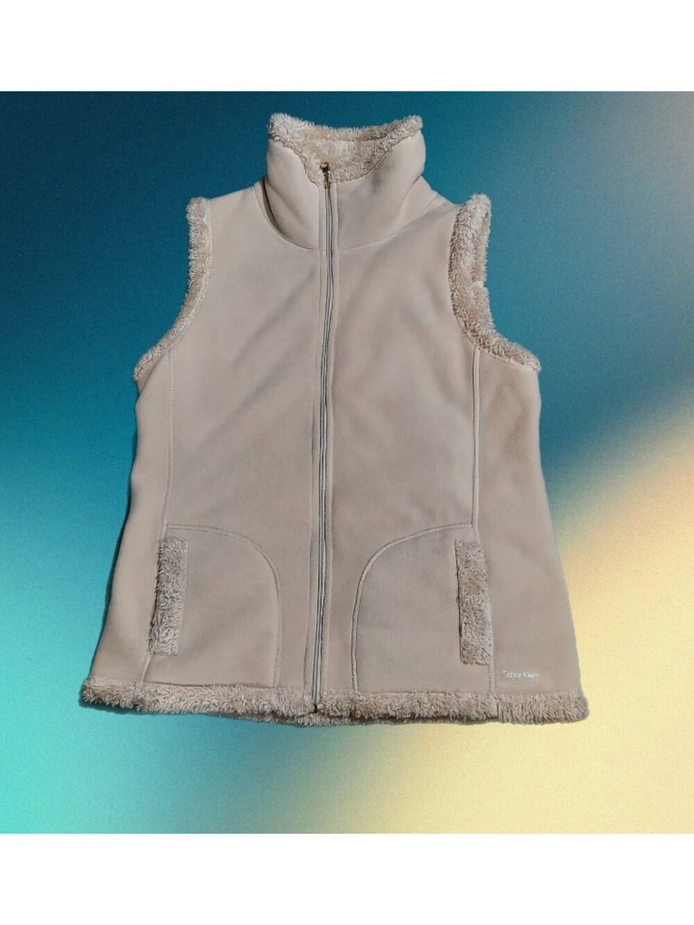 Calvin Klein Full Zip Sherpa Vest Jacket Women Size Large Tan Fleece Reversible